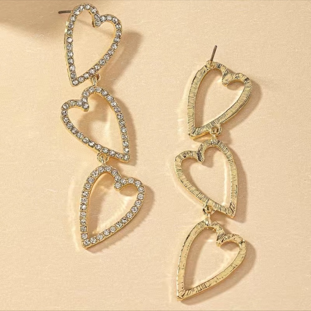 Gold Rhinestone Heart Trio Dangle Drop Earrings NWT - Picture 3 of 7